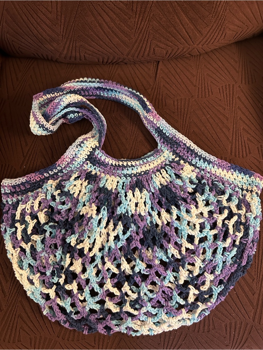 Handmade Crochet Market Tote in Purple, Light Blue & Cream